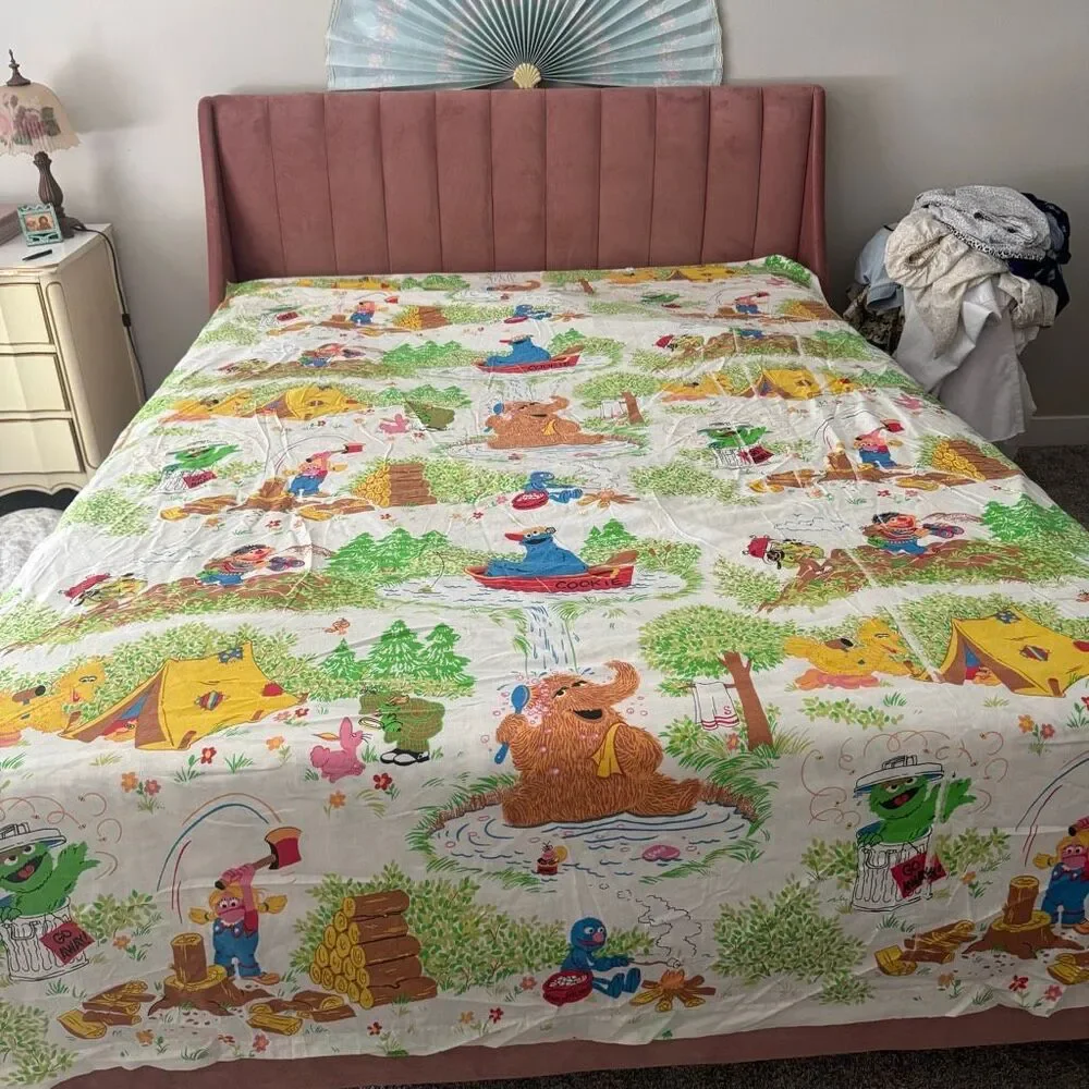 Vtg 80s Sesame Street Twin Flat Sheet Camping Theme Big Bird Cookie Monster